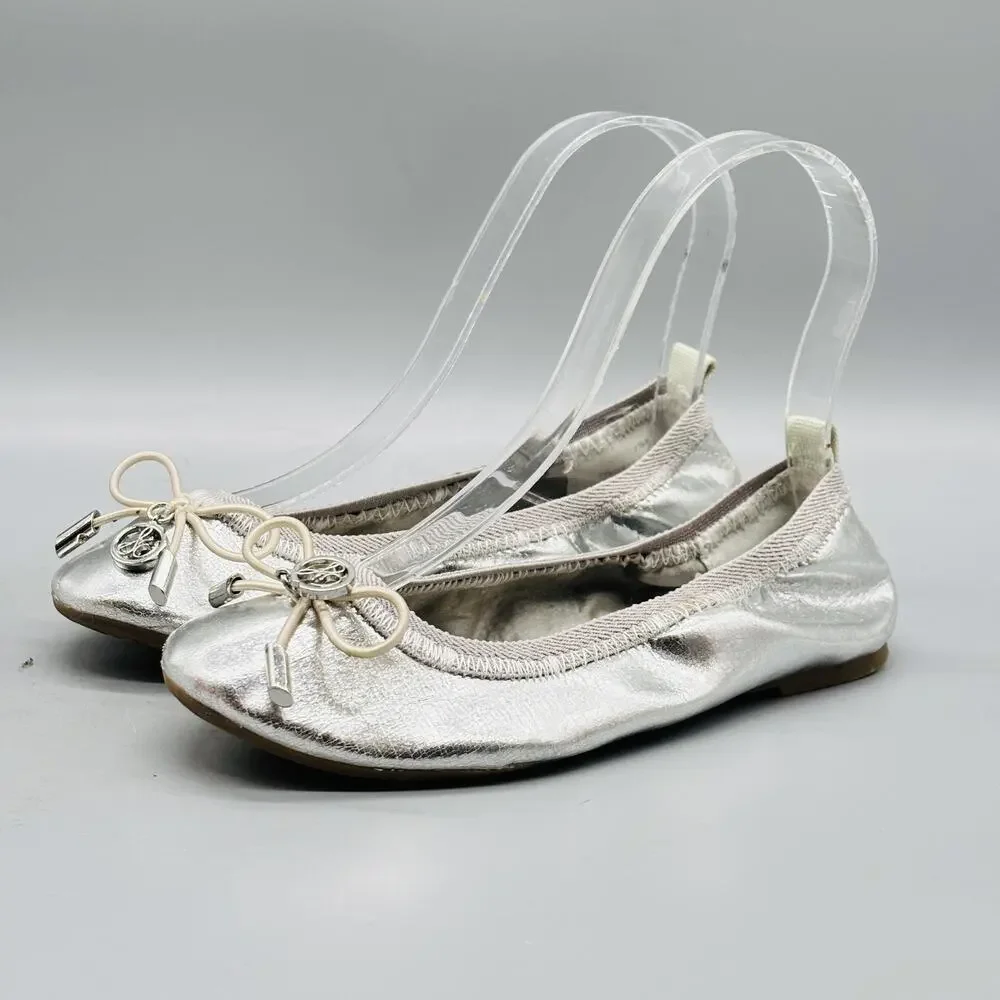 Sam Edelman Shoes Kids Girls 13 Silver Metallic Farren Ballet Flats Bow Slip On
